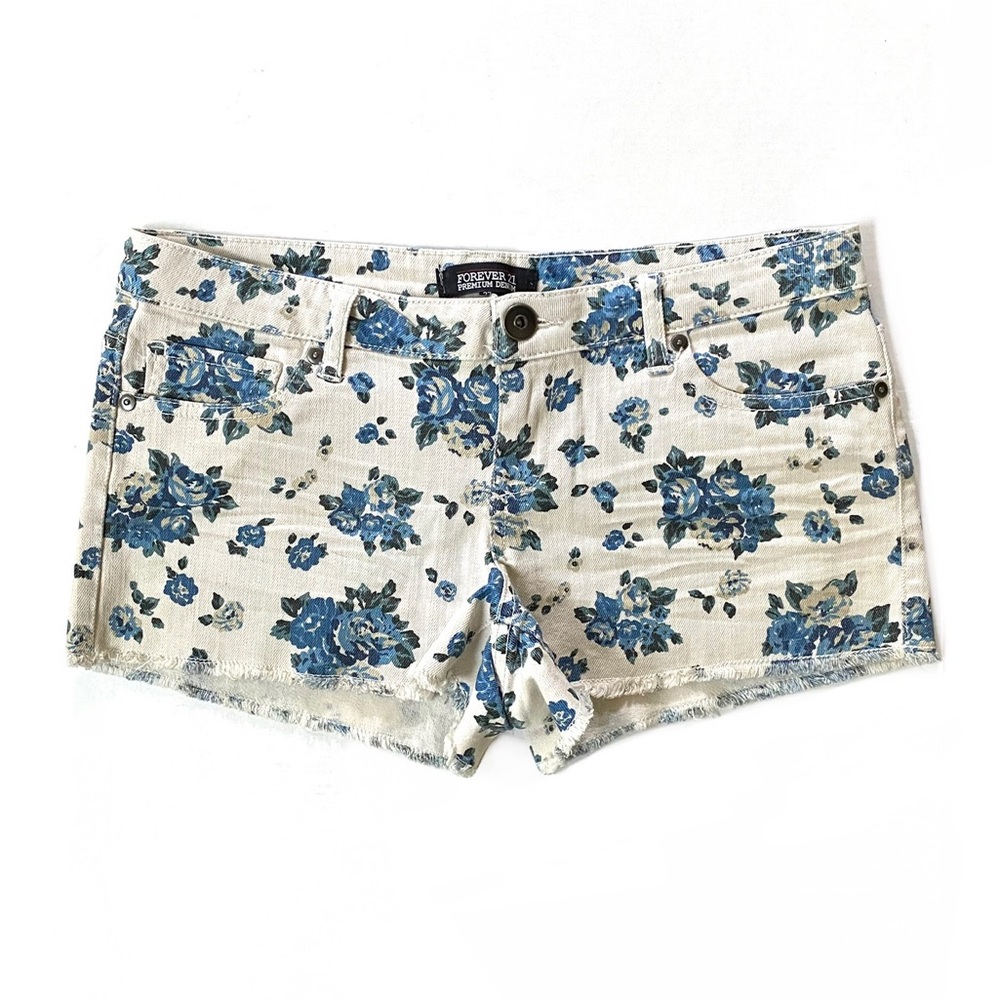 Blue rose floral flower white denim jean shorts cutoffs cottagecore prairie